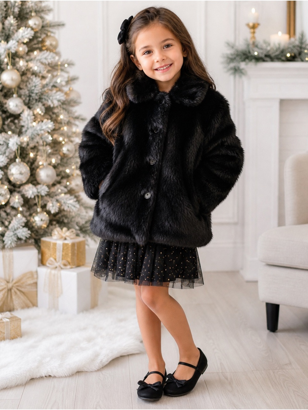 Gymboree Girls Black Faux Fur Coat Size 4 Holiday Dressy Jacket